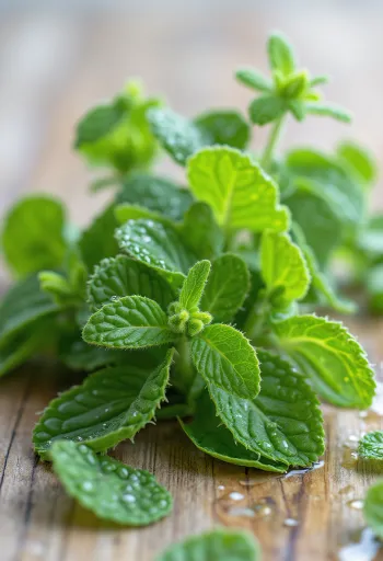 Fresh apple mint leaves on a clean plate
