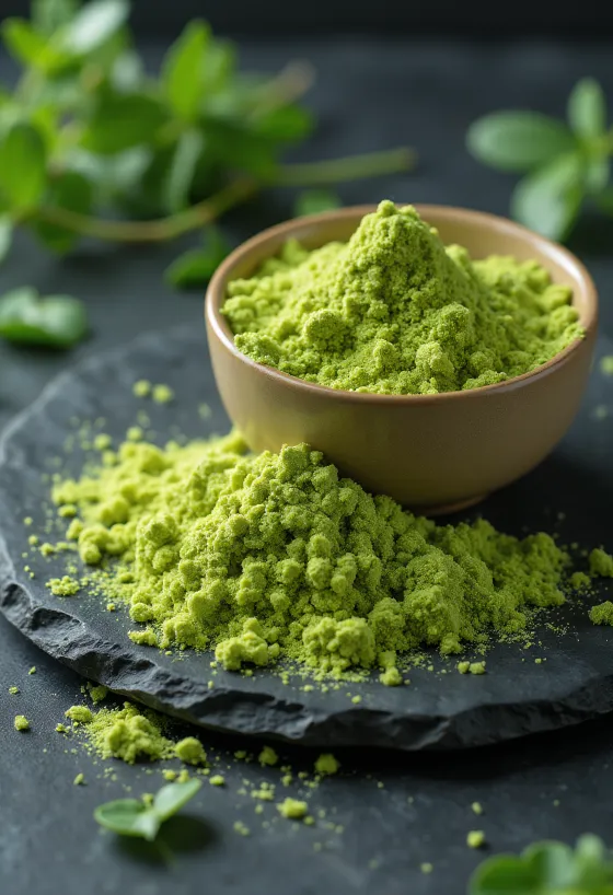Barley grass powder in a small glass jar, rich green color, surrounded by fresh barley grass blades