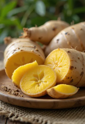 Image of arracacha root, sliced pieces on a cutting board