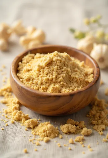 Ashwagandha powder in a small glass, earthy brown color, surrounded by fresh ashwagandha roots
