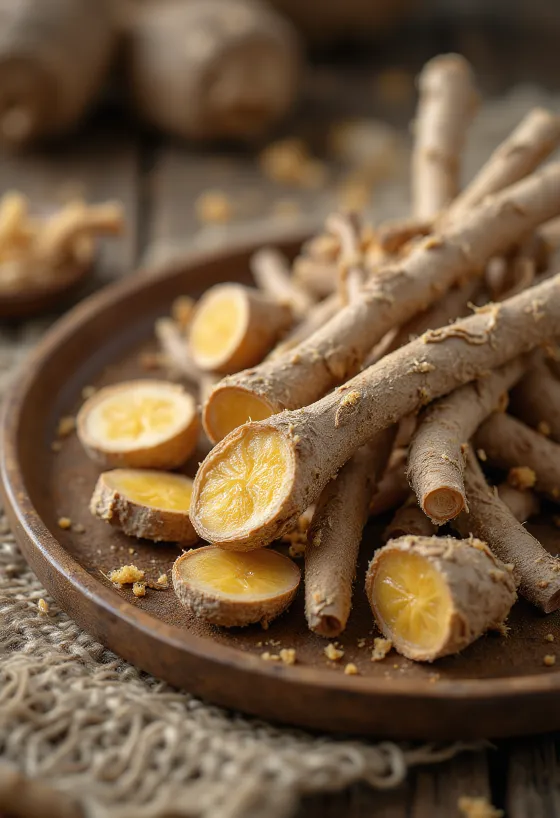 Sliced dried licorice root pieces on a wooden kitchen counter.