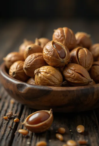 Okari nuts on a wooden kitchen counter.