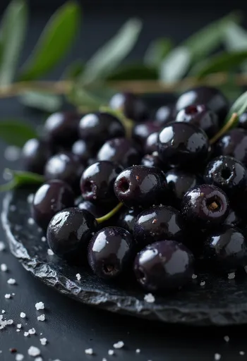 Fresh black olives with smooth and shiny texture