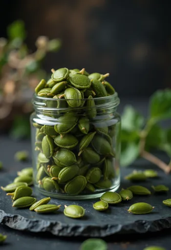 Hulless pumpkin seeds (pepitas) with smooth, green surface