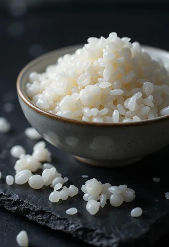 Freshly cooked sushi rice, ideal for sushi making, with sticky and round grains