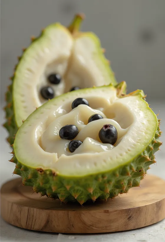 Cherimoya fruit, green skin and creamy white flesh