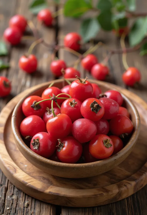 Hawthorn berries, bright red color and slightly shiny surface