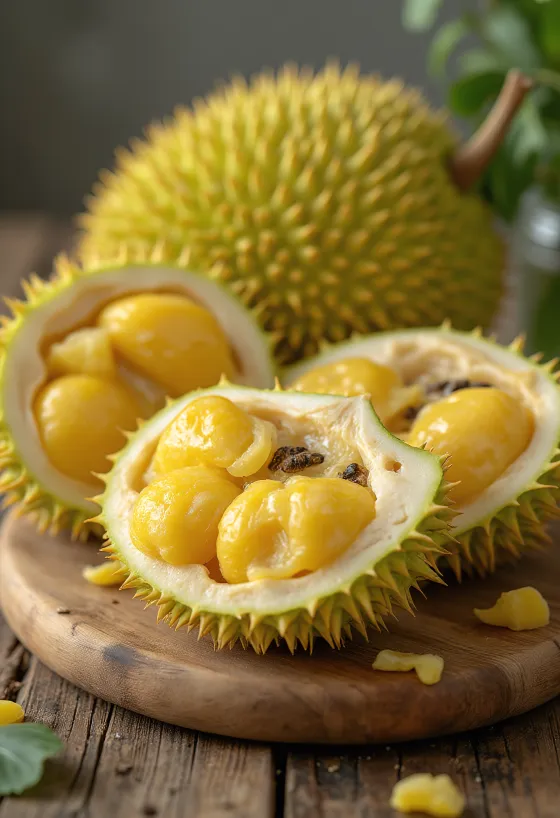 Jackfruit, yellow fibrous flesh and green spiky skin
