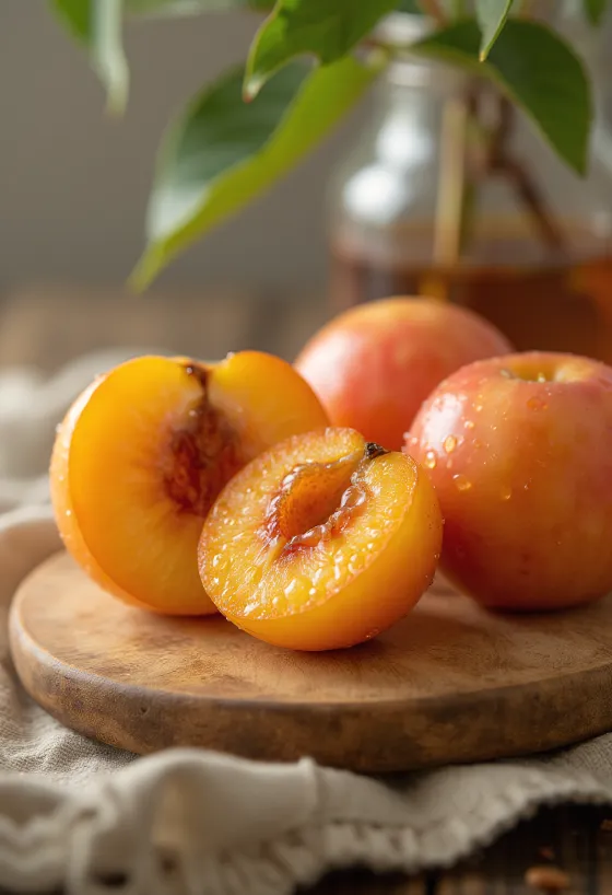 Japanese plum slice, showing juicy vibrant flesh and slightly wrinkled skin