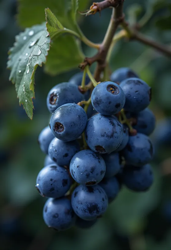 Close-up of Blaufränkisch grapes, fresh and juicy berries with bluish-purple skin