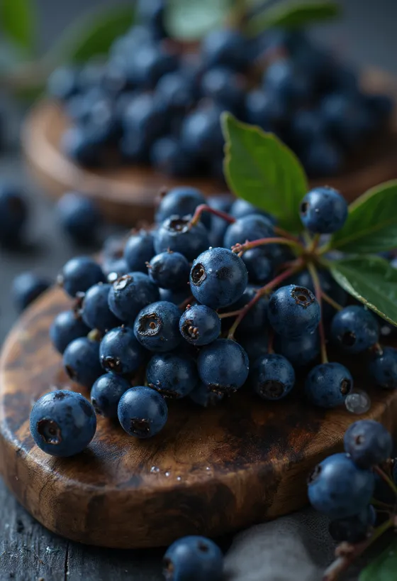 Sloe berries, dark blue color and slightly wrinkled surface