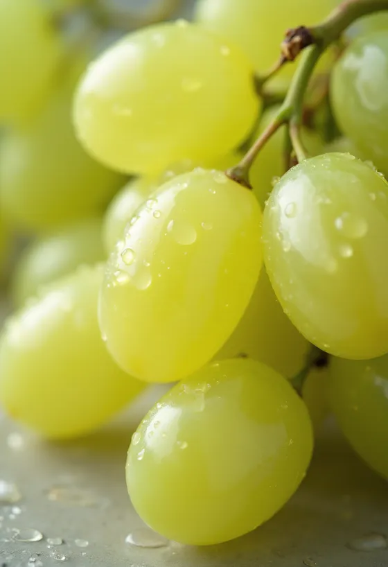 Close-up of seedless white grapes, fresh and juicy berries with greenish-yellow skin