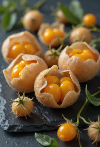 Physalis (Peruvian groundcherry) berries, bright orange color and papery husk
