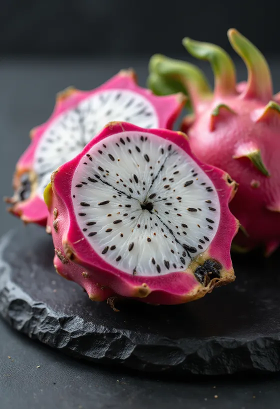 Dragon fruit (pitahaya) white-fleshed berries, bright white and black seeds