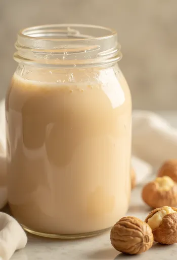 Hazelnut milk poured into a glass, next to hazelnuts in a bowl and scattered