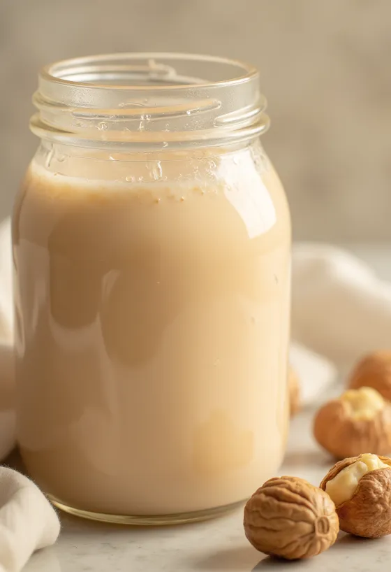Hazelnut milk poured into a glass, next to hazelnuts in a bowl and scattered