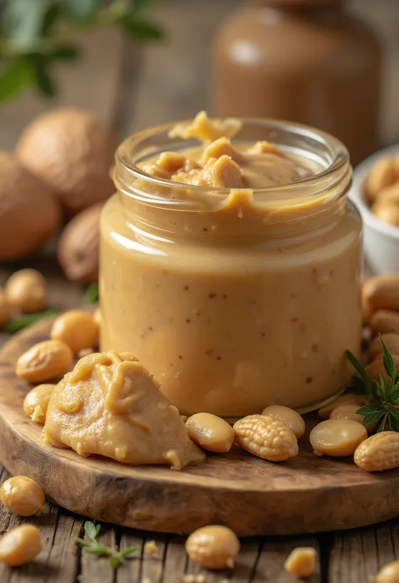 Creamy peanut butter in a jar, next to peanuts