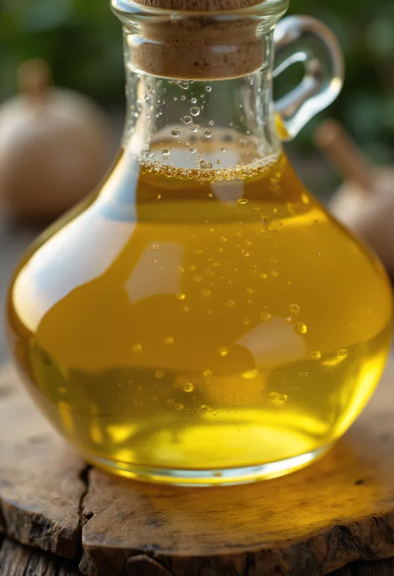 Mustard oil in a small bottle, next to yellow and brown mustard seeds in a bowl