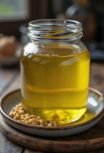 Mustard oil in a small glass bottle surrounded by mustard seeds