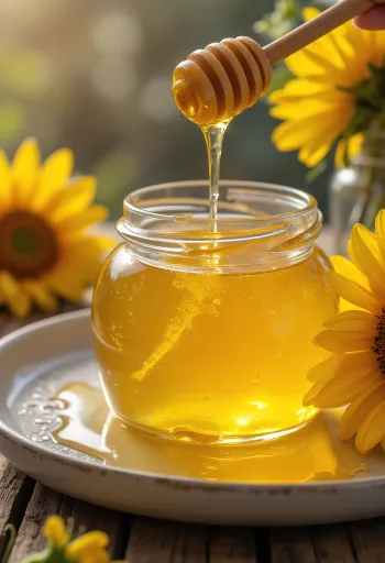 Sunflower honey in a jar with a honey dipper and sunflower blossoms