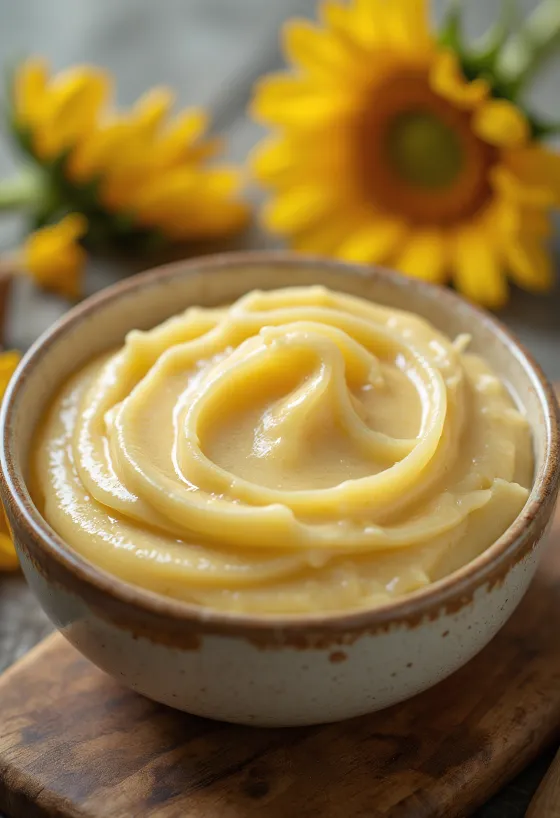 Sunflower butter in a jar, next to shelled sunflower seeds on a wooden surface