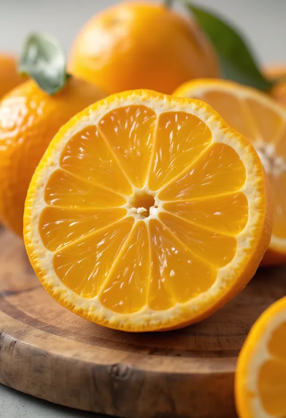 Fresh oranges whole and halved, in a bowl and on a wooden table, with freshly squeezed orange juice