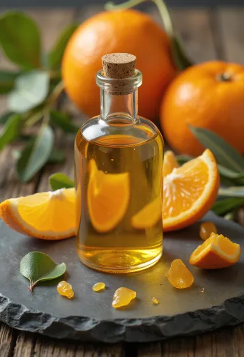 Orange oil in a small bottle, next to fresh orange slices and peel