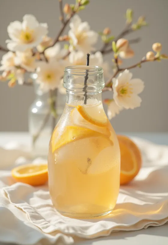 Orange blossom water in a bottle, with orange blossoms, tea, and sweets