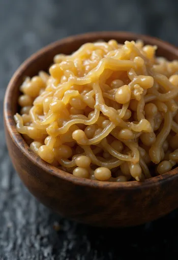 Natto fermented soybeans in a bowl with sticky texture and a wooden spoon