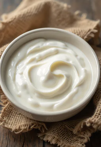 Natural yogurt in a small bowl, creamy white dairy product