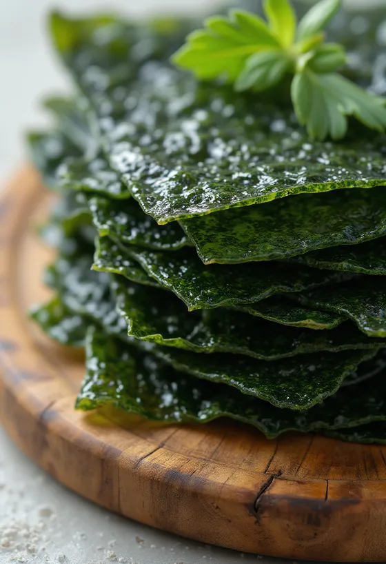 Dried nori algae sheets on a wooden surface, shredded nori in a bowl