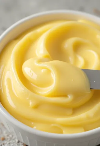 Vegetable margarine in a glass bowl and on a spreading knife on a wooden surface, kitchen setting