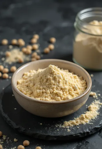 Raw pea protein powder in light beige powder form with yellow split peas