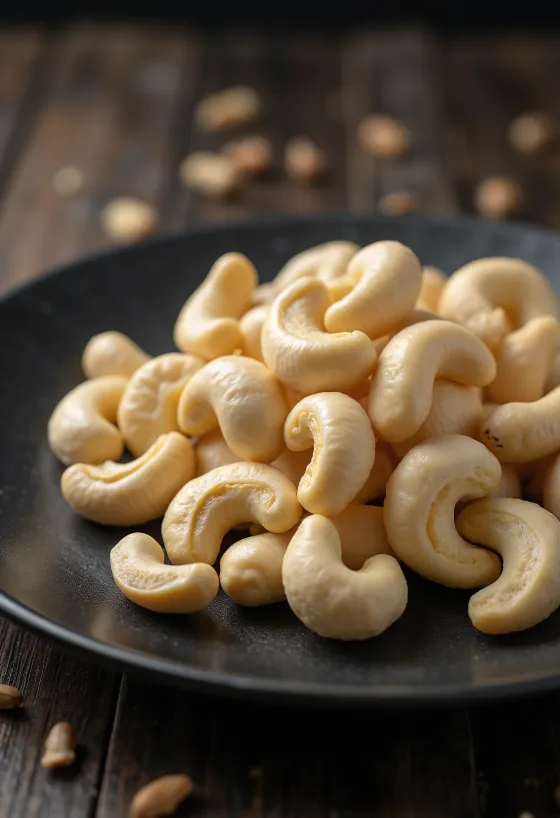 Raw, shelled cashew nuts on white background, natural arrangement