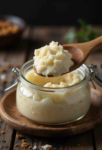 Raw duck fat in a small glass bowl, surrounded by clean pieces of fatty tissue