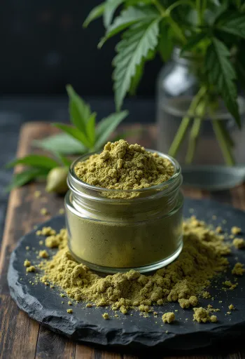 Raw hemp protein powder in a bowl, alongside hemp seeds for documentation