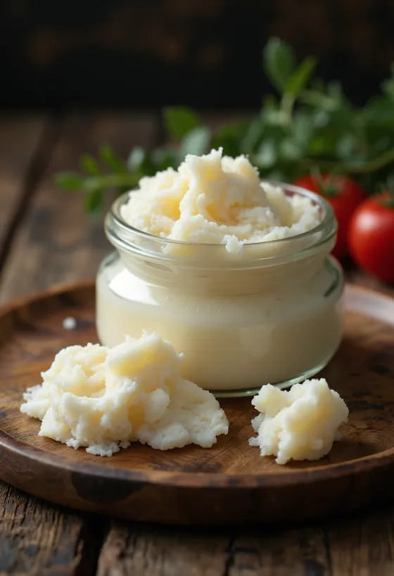 Raw goose fat in a small glass bowl, surrounded by small pieces of cleaned fat tissue