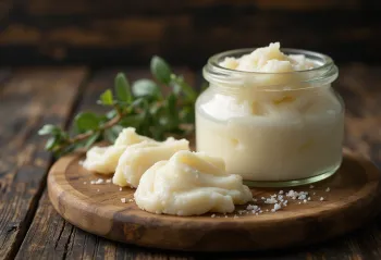 Raw goose fat in a small glass bowl, surrounded by small pieces of cleaned fat tissue