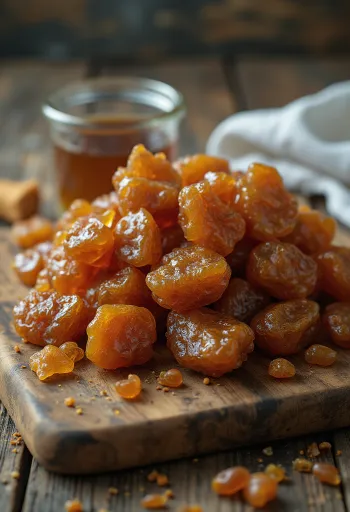Raw propolis pieces on a wooden surface, in natural state