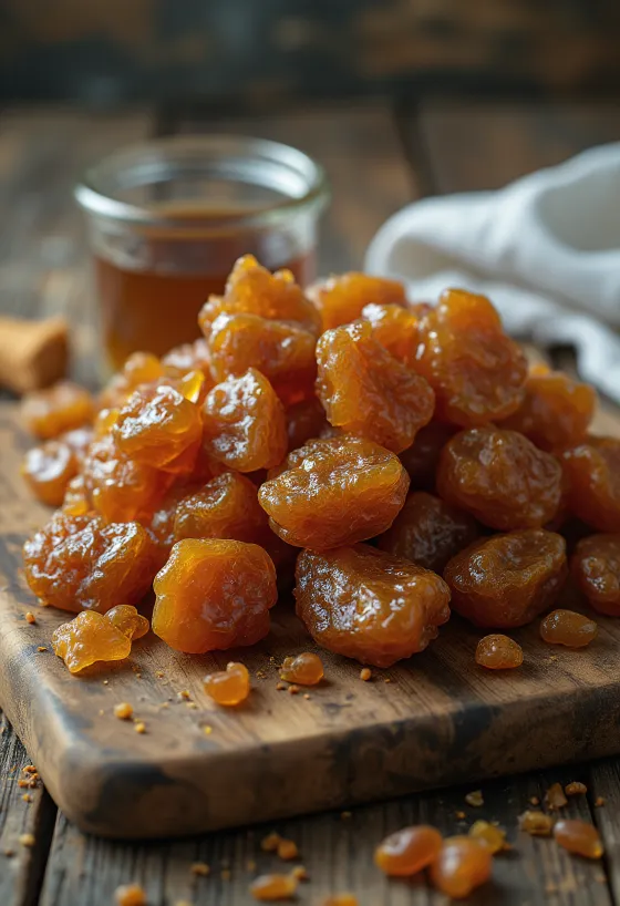 Raw propolis pieces on a wooden surface, in natural state