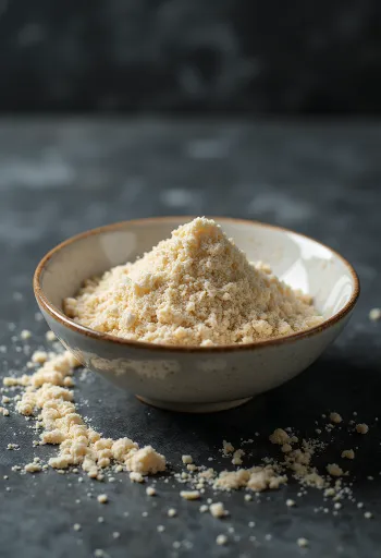 Raw rice protein powder in light beige color in a bowl, next to brown rice