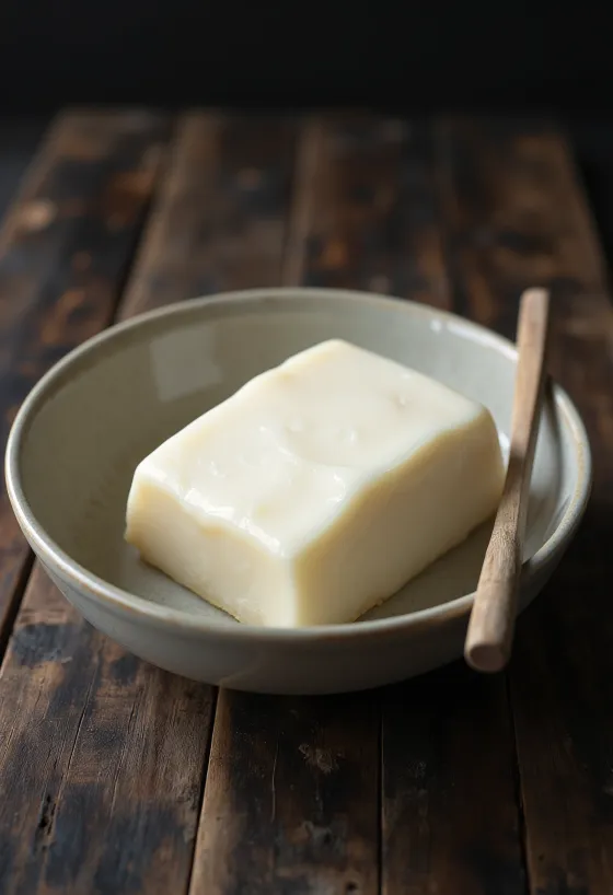 Raw pork fat in a small bowl, surrounded by unprocessed fat tissue pieces