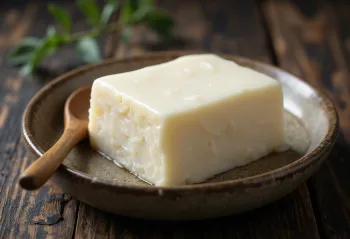 Raw pork fat in a small bowl, surrounded by unprocessed fat tissue pieces