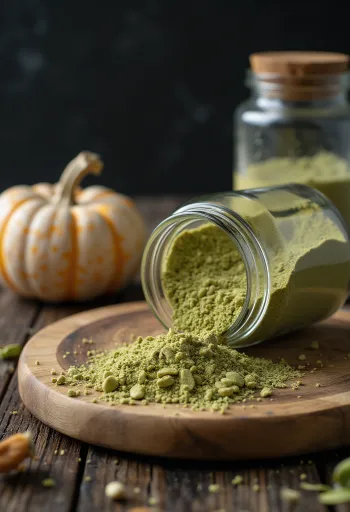 Raw pumpkin seed protein powder in greenish powder form, next to pumpkin seeds