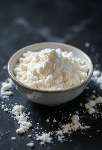Arrowroot powder in a ceramic bowl, next to a wooden spoon on a light surface