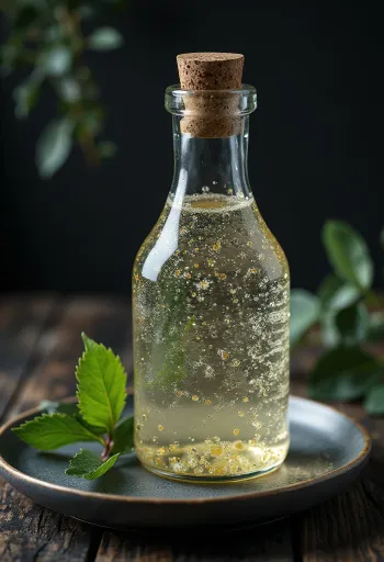 Birch sap in a glass bottle and glass, with birch bark and twigs