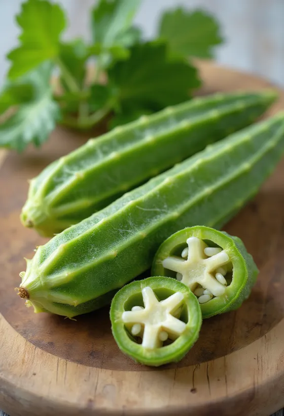 Fresh okra pods, sliced and whole on a cutting board