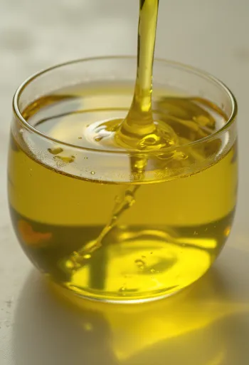 Extra virgin olive oil in a small bottle and bowl on a light surface