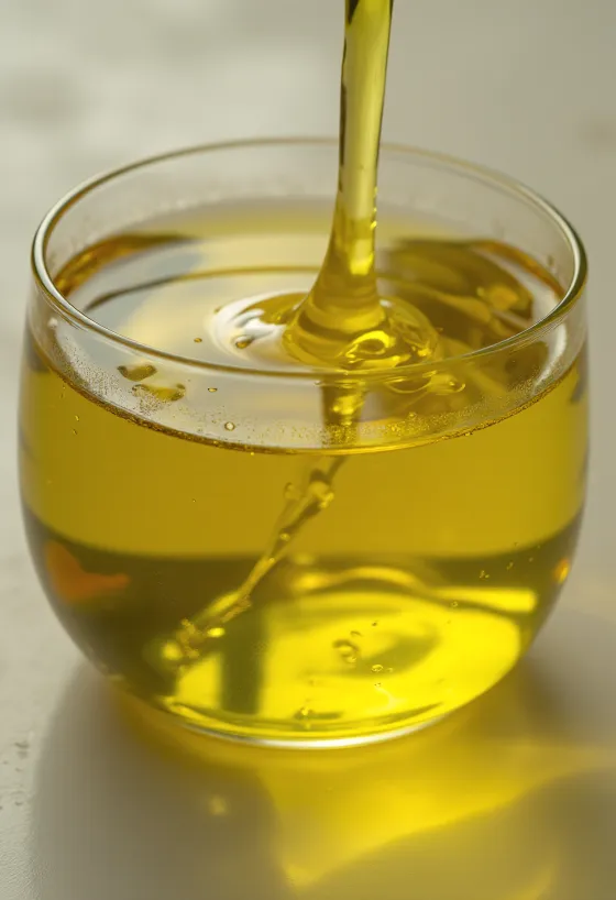 Extra virgin olive oil in a small bottle and bowl on a light surface