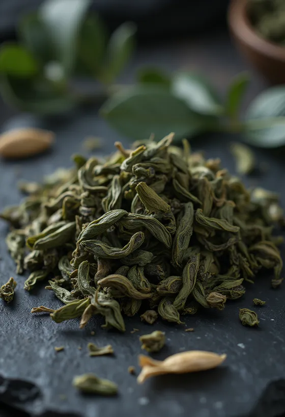 Oolong tea in loose leaf form, in a bowl and scattered on a kitchen surface
